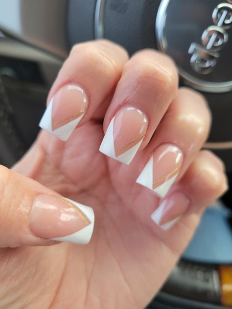 V Tip French Nails Short, V Cut French Tip Nails Short, V Shape French Tip Nails Short, V Shaped French Tip Nails Short, Nail With Gold Line, French Nail With Gold, Slanted French Tip Nails, French Tips With Gold Line, Nails Gold Line