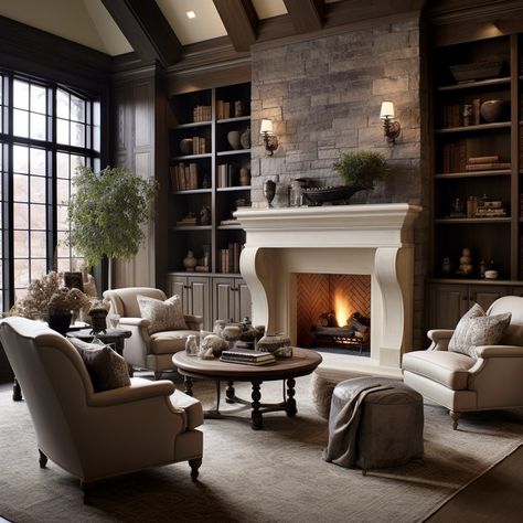 Elegant Symmetrical Bookshelves for Stylish Display Fireplace EWith Built Ins On Both Sides Idea Image Library Shelves Around Fireplace, Elegant Traditional Kitchen, Built In Bookshelves Around Brick Fireplace, Stained Wood Built Ins Living Room, Elegant Stone Fireplaces, Dark Family Room Ideas, Tv Cabinet Next To Fireplace, Stunning Fireplaces Living Rooms, Tall Shelves Living Room