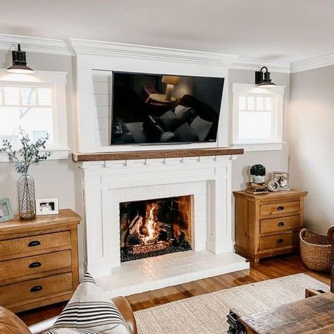 Shiplap Fireplace With Tv, Shiplap Fireplace With Wood Mantle, White Shiplap Fireplace, Fireplace With Wood Mantle, Fireplace Between Windows, Trim Around Windows, Farmhouse Style Trim, Kitchen Shiplap, Craftsman Style Trim