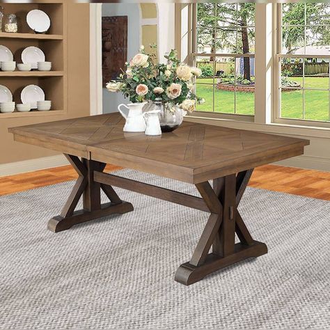 Leaf tables offer a lot of flexibility to homes, the Pascaline dining table offers two 12" leaves that will help accommodate extra dinner guests. If hosting a board game night, or just needing extra table space, it can be set up in a matter of seconds. The ample tabletop features a beautiful geometric design and it is supported by an "x" shaped trestle base. Elevate your dining space with the Pascaline Dining Table and create a welcoming ambiance that invites friends and family to gather, connec Two Toned Dining Table, Taupe Dining Room, 8 Person Dining Table, Leaf Tables, Modern Farmhouse Dining Table, Farm Dining Table, Puzzle Table, Modern Farmhouse Table, Kitchen Table Wood