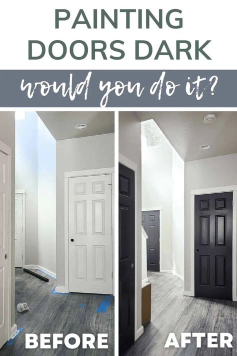 Interior Doors White With Black Hardware, Painting Black Doors Interior, Black Interior Doors Black Hardware, Painted Vs Stained Interior Doors, Painting Inside Doors Black, Black Hallway Doors White Trim, Paint Indoor Doors Black, Black Painted Interior Doors White Trim, Grey Walls With Black Doors