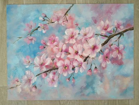 Cherry Blossom Painting Acrylic, Sakura Painting, Flower Painting On Canvas, Cherry Blossom Painting, Canvas For Beginners, Cherry Blossom Art, Canvas Drawings, Blossoms Art, Floral Oil Paintings