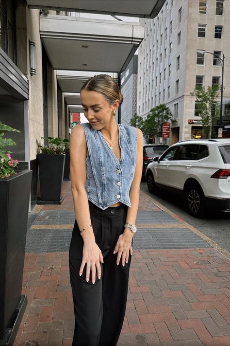 Denim Vest Outfit Spring, Denim Tie Vest Outfit, Black Denim Vest Outfits For Women, Styling A Denim Vest, Styling Denim Vest, Jeans Vest Outfits For Women, Denim Vest And Skirt Outfit, Blue Jean Vest Outfit, How To Style Denim Vest