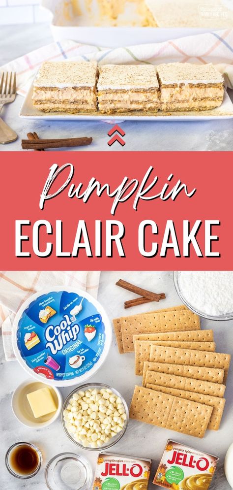 Pumpkin Eclair Dessert, Pumpkin Eclair Cake, Fall Dessert Recipes Easy, Eclair Cake, Pumpkin Spice Recipe, Pumpkin Desserts, Fall Desserts Easy, Autumn Recipes, Bake Dessert