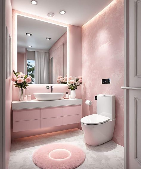 Pink Studio Apartment Ideas, Pink Bathroom Inspiration, Blush Pink Bathroom Ideas, Pink Restroom, Beauty Center Design, Pink Marble Bathroom, Pink Tile Bathroom Ideas, Pink Bathroom Aesthetic, Wallpaper Decor Ideas