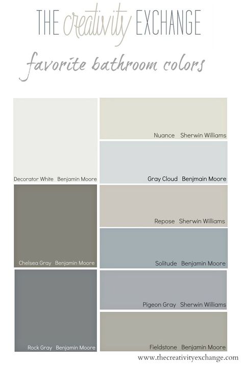 Favorite bathroom wall and cabinet colors   {Paint It Monday} The Creativity Exchange The Creativity Exchange, Bathroom Wall Colors, Best Bathroom Colors, Benjamin Moore Gray, Interior Paint Colors Schemes, Choosing Paint Colours, Cabinet Wall, Bathroom Paint Colors, Neutral Paint Colors