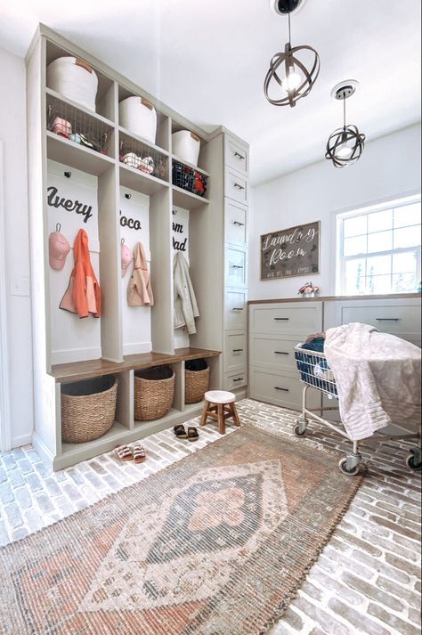 Laundry Room Locker Ideas, Mudroom Brick Floor, Brick Mudroom Floors, Laundry Room Cubby Storage, Farmhouse Lockers, Brick Floor Laundry Room, Lockers In Mudroom, Brick Floor Mudroom, Laundry Room Cubbies