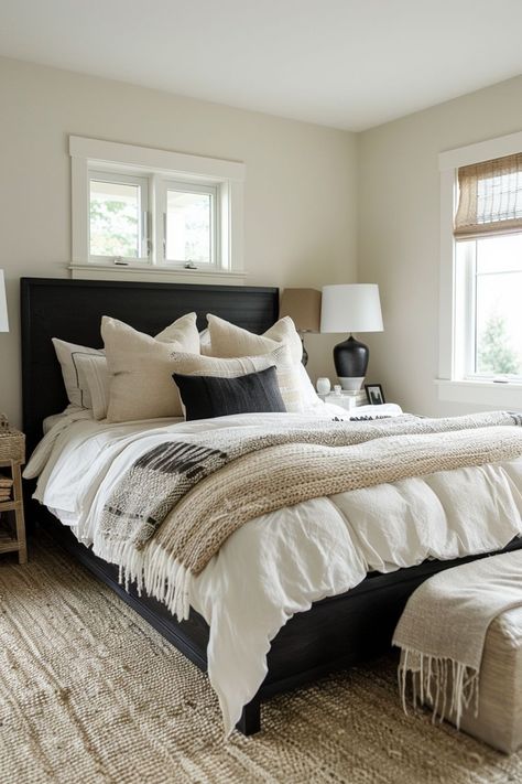 Beige Room With Black Furniture, Black White And Olive Bedroom, Black Furnished Bedroom, Black White Gold Wood Bedroom, Black Bedframe Bedding, Bedroom Decor For Black Furniture, Black Color Bedroom Ideas, Bedding Ideas With Black Headboard, Black Linen Bedding Styling