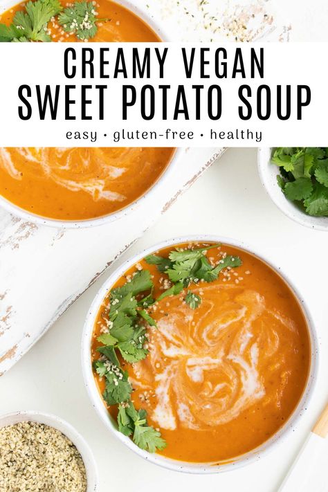 Vegan Sweet Potato Soup, Curried Sweet Potato Soup, Sweet Potato Soup Vegan, Sweet Potato Soup Recipes, Potato Soup Easy, Cubed Sweet Potatoes, Dinner Vegan, Healthy Sweet Snacks, Vegan Soup Recipes