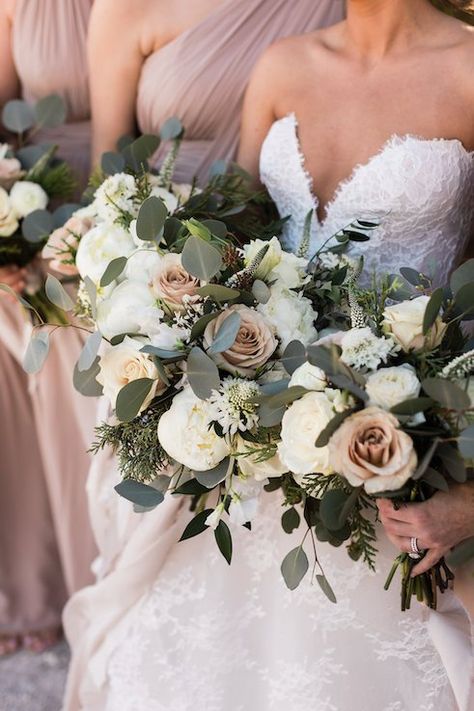 White and Dusty Rose Flowers - Stone Crest Venue - Bouquet - White Bouquet - Dusty Rose Wedding - Greenery -  McKinney, Texas - Wedding Planner - Each  Every Detail Sage And Dusty Rose Bouquet, Dusty Rose Boho Wedding Flowers, Spring Farmhouse Wedding Decor, Peach White And Greenery Bouquet, Dusty Rose Bridal Bouquet With Greenery, White And Mauve Wedding Flowers, Off White Wedding Flowers, Sage Green White And Blush Bouquet, Dusty Rose Sage Wedding