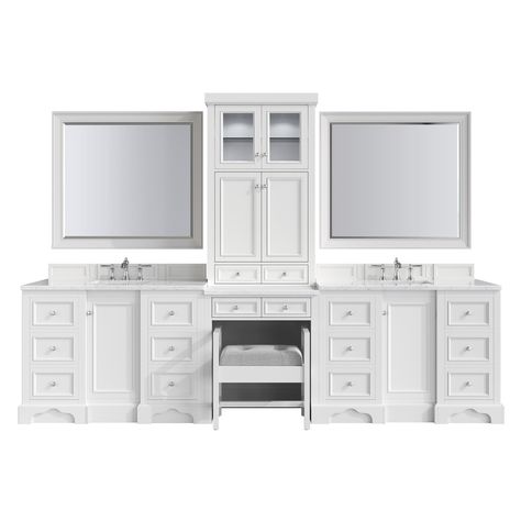 Maximize your bathroom with this bright white 126-inch De Soto double sink modular setup. Showcasing ample storage and a carved base detail, this collection brings the perfect mix of elegant design and modern functionality. White Double Sink Bathroom Vanity, White Double Vanity, Basin White, Quartz Vanity Tops, Bathroom Storage Solutions, Single Sink Vanity, James Martin, Double Sink Bathroom, Double Sink Bathroom Vanity