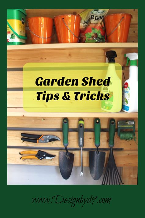 Garden shed slat wall with orange pots and garden tools, including shovels, rake, pruners and string.