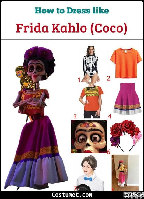 Frida Kahlo (Coco) Costume for Cosplay & Halloween 2020 Frida Kahlo Coco Costume, Coco Inspired Halloween Costumes, Disney Coco Costume, Frida Halloween Costumes, Coco Inspired Outfits, Coco Halloween Costume Family, Coco Costumes Family, Coco Family Halloween Costumes, Coco Makeup Halloween