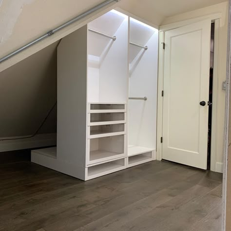 Ikea Closet Hack Sloped Ceiling, Attic Closet Ideas Angled Ceilings Slanted Walls Storage, Slanted Roof Closet, Walk In Closet Slanted Ceiling, Attic Drawers, Angled Closet Ideas Sloped Ceiling, Attic Closet Ideas Angled Ceilings, Slanted Wall Closet, Attic Walk In Closet