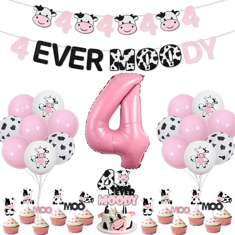 PRICES MAY VARY. Package Includes: Cow 4th birthday decorations for girls include 18 x latex balloons 12 inches, 1 x 4ever moody banner, 1 x cow theme 4th birthday garland, 1 x 4ever moody cake topper, 12 x cow cupcake toppers, 1 x number 4 foil balloon(No Helium Supported), one pack can meet your various needs for cow 4th birthday Cow 4th Birthday Decorations for Girls: If you are looking for a party theme which is perfect for your 4 year old girl who loves cow, this 4ever moody birthday decora 4year Birthday Party Ideas Girl, 4 Th Birthday Ideas Girl, Un Four Gettable Birthday Theme, Four Ever Moody Birthday, 4th Bday Party Girl, Four Birthday Party Ideas Girl, 4th Birthday Theme Girl, Four Ever Wild Birthday Girl, 4 Ever Moody Birthday Party