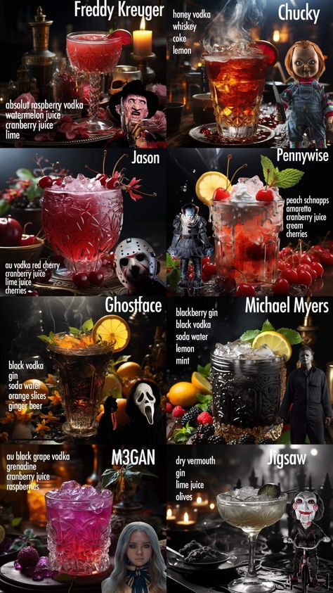 Halloween Drink Party Ideas, Vampire Diaries Alcoholic Drinks, Halloween Party Ideas Drinks Alcohol, Drink Theme Ideas, Summerween Party Drinks, Spooky Drinks Alcohol Recipes, Mixed Drinks Halloween, Halloween Theme Mixed Drinks, Friday The 13 Cocktail