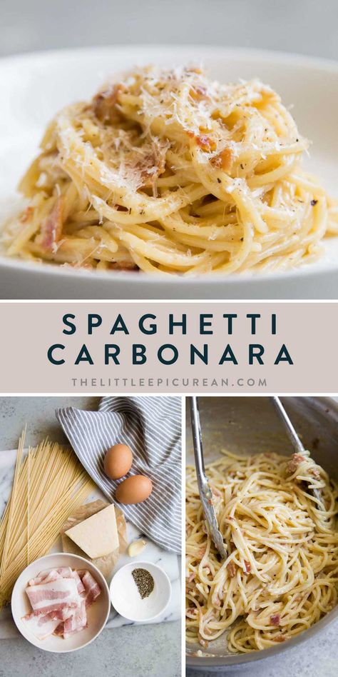 This spaghetti carbonara uses a handful of staple ingredients. It is quite possibly the easiest pasta dish to make!  Traditional carbonara is made from egg, hard cheese, and guanciale. There are numerous variations on this classic Roman pasta dish. This is my quick and easy, get dinner on the table in less than 20 minutes version. Carbonara Pasta Recipes, Carbonara Recept, Creamy Spaghetti, Pasta Carbonara Recipe, Pasta Alla Carbonara, Carbonara Recipe, Easy Pasta Dishes, Pasta Carbonara, Carbonara Pasta