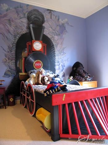 For that child that loves Trains. Choo Choo Train Bed, Thomas Bedroom, Train Bedroom, Thomas Train, Cars Interior, Train Room, Train Theme, Crossing Sign, Train Cars