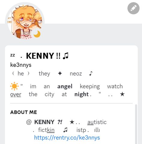 ♡﹒﹒ discord prof template !! — click link for full prof copy & paste !! ﹒﹒ so srry if cmts r off ,, pinterest is being weird !! — discord , discord profile , discord bio , profile inspiration , discord prof Discord Bio, Cool Pfps For Discord, Cute Fonts Alphabet, Cute Bios, About Me Template, Cute Text Symbols, Being Weird, Discord Profile, Name Decorations