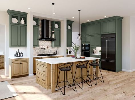 Maple Rye Cabinets, Tall Wall Cabinets, Shenandoah Cabinets, Stained Wood Kitchen Cabinets, Wood Shaker Cabinets, American Woodmark Cabinets, Kitchen Color Combos, Teal Kitchen Cabinets, Natural Wood Kitchen Cabinets