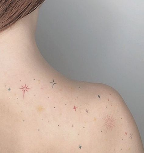 Doodle Tattoo Colorful, Magic Sparkle Tattoo, Gold Star Tattoo, Small Pastel Tattoo, Cute Planet Tattoo, Scattered Stars Tattoo, Simple Star Tattoos, Back Star Tattoos, Watercolor Moon Tattoo