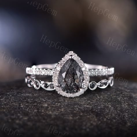 Silver Black Diamond Ring, Black Wedding Rings For Women Diamond, 2nd Marriage Engagement Rings, Black Crystal Engagement Ring, Black Diamond Engagement Ring White Gold, Black Pear Shaped Engagement Rings, Non Diamond Wedding Rings Silver, Black Band Wedding Rings, Vintage Black Diamond Engagement Rings