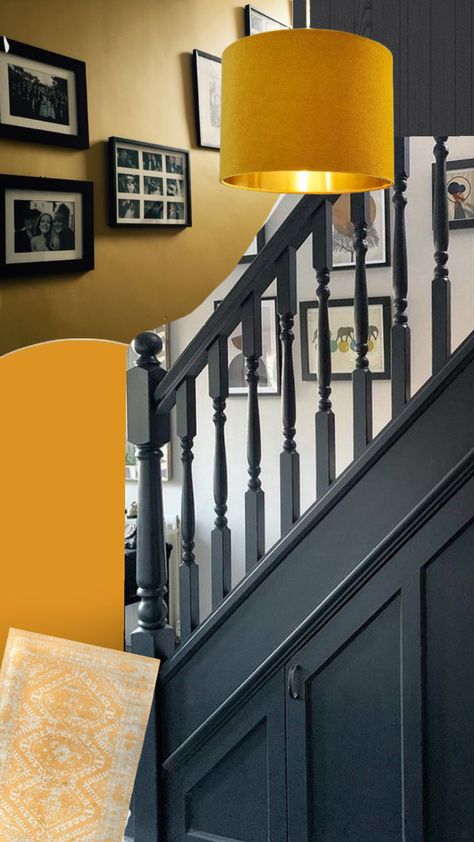 #HallwayInspo#hall #entryway #homedecor #interiordesign #interiors #blackbanister #blackpaint #mustard Dark Blue Hallway, Black Banister, Scandi Hallway, Blue Hallway, Panelling Hallway, Black Paint, Great Rooms, Happy Places, Hallway