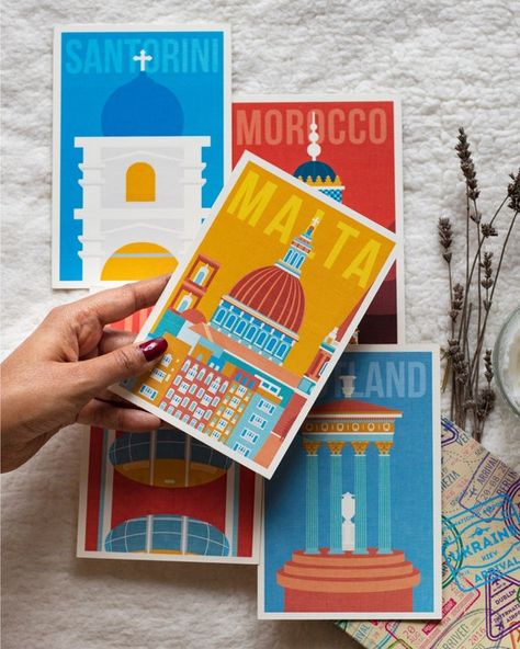 A set of 5 European minimal travel postcards that you can either gift or add to your postcard collection. The bundle contains: > The Bustling London > Mediterranean Malta > Bohemian Morocco > The Romantic Santorini and > My Favourite Scotland These beauties are printed on 280 gsm premium textured paper. Minimal Travel, Travel Sketchbook, Travel Memorabilia, Travel Keepsakes, Travel Postcard, Postcard Art, Travel Cards, City Illustration, Postcard Collection