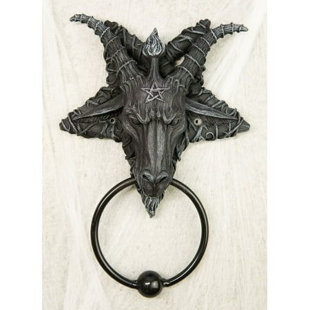 This Occultic Baphomet With Inverted Pentagram Door Knocker Sculptural Decor measures 9" tall, 6.5" long and 2.25" deep approximately. It weighs about 1.25 pounds.  This Occultic Baphomet With Inverted Pentagram Door Knocker Sculptural Decor is made of designer composite resin, hand painted and polished individually. The knocker part is made of cast iron metal. Item does NOT come with a striking plate. Color Tone May Vary Slightly From Pictures.  Baphomet is an enigmatic, goat-headed figure foun Samael Lilith, Gothic Door Knocker, Sculptural Decor, Goat Of Mendes, Satanic Goat, Inverted Pentagram, Alice Angel, Gift Catalog, Iron Metal