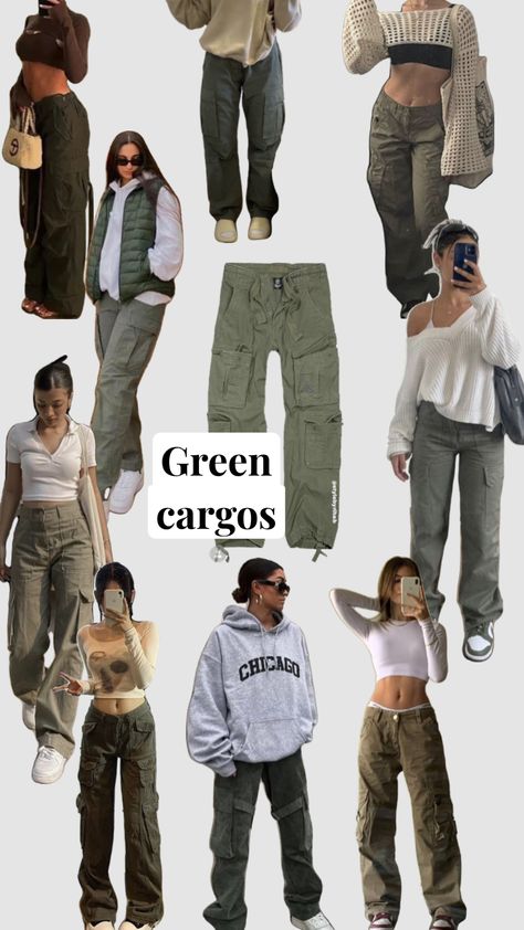 #green #cargos #fashion #fashioninspo #outfitinspo #outfit #clothes #clothescollage #inspo #fashionboard Aesthetic Clothes Cargo Pants, Outfit Inspo With Green Cargo Pants, What To Wear With Green Pants Winter, Cute Green Cargo Pants Outfits, Cargo And Jumper Outfit, Green Pants Ideas Outfit, Green Cargo Fall Outfit, Scoop Neck Sweater Outfit, Green Outfit For School