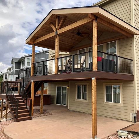 Split Foyer Back Deck, Lookout Basement Deck, Tall Porch Ideas, Second Story Deck Ideas On A Budget, Upper And Lower Deck Ideas, 2nd Story Deck Off Back Of House, Wrap Around Decks And Porches, Second Level Deck Ideas, Covered Deck Off Back Of House