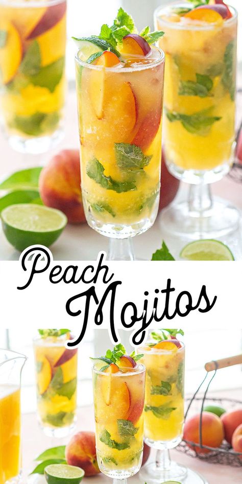 peach mojitos Peach Mojito, Mojito Drink, Drinks Juice, Peach Drinks, Summer Eats, Mojito Cocktail, Mojito Recipe, Rum Cocktails, Seasonal Produce