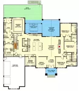 Expansive and Expandable Transitional House Plan with 4 Bedrooms - 3443 Sq Ft - 46519LA | Architectural Designs - House Plans Four Bedroom Single Story House Plans, 4 Bedroom 3 Bath House Plans Open Floor One Story, House Plans With Large Scullery, House Plans For Large Families, Floor Plans With Large Kitchen, House Plan With Large Pantry, 4 Bedroom House Plans With Butlers Pantry, House Plans With Separate Kitchen, Floor Plans With Hidden Rooms