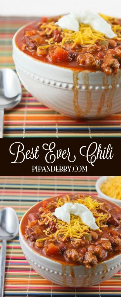 Best EVER chili! This is our favorite chili recipe of all time. We make this delicious soup multiple times every winter. Southern Living Chili Recipes, Best Ever Chilli Recipe, Soupy Chili Recipe, Chili Cookoff Recipes, Worlds Best Chili, Best Ever Chili Recipe, Best Ever Chili, Best Chili Ever, Best Chili Recipe Ever