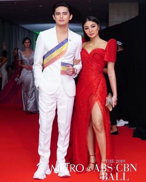 Red Filipiniana, Rainbow Suit, James Reid And Nadine Lustre, Modern Filipiniana Dress, Filipino Fashion, Filipiniana Dress, James Reid, Nadine Lustre, Movie Couples