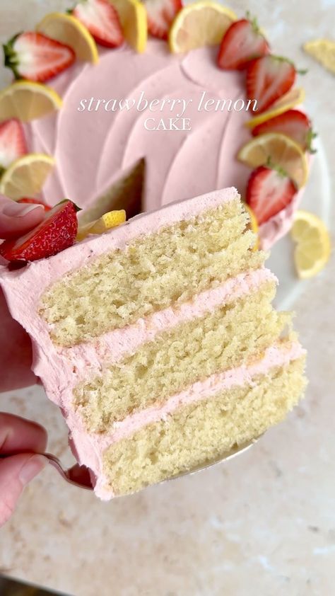 Julie Marie | easy recipes for home bakers | Strawberry Lemon Cake 🍓 Lemon cake layers surrounded by a delicious strawberry buttercream! Comment ‘cake’ and I’ll send the recipe to… | Instagram Strawberry Lemon Cake, Lemon Layer Cakes, Cake Lemon, Strawberry Buttercream, Cake Layers, Strawberry Lemon, Lemon Cake, Layer Cake, Easy Recipes