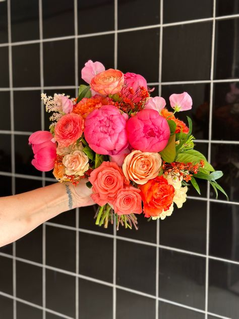 Instagram @thegraybarndesign Ranunculus And Peony Bouquet, Bright Spring Wedding, Wedding Peonies, Prom Flowers Bouquet, Ranunculus Wedding, Prom Bouquet, Ranunculus Bouquet, Neon Pink Dresses, Spring Wedding Bouquet