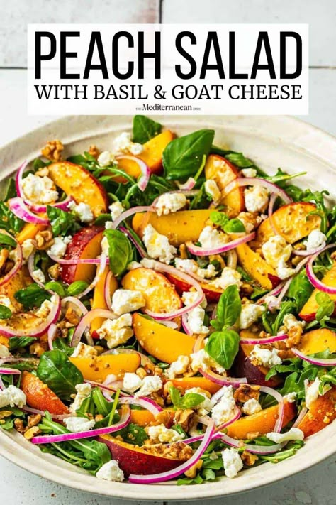 Peach salad with goat cheese, arugula, and basil is the sweet and savory summer salad recipe that will have your taste buds singing. Peach Feta Salad Recipes, Peach Basil Salad, Salad With Peaches And Feta, Grilled Peach Salad Recipes, Nectarine Goat Cheese Salad, Savory Peach Recipes, Salads Mediterranean, Meatless Salads, Recipes With Peaches