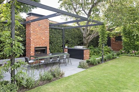 Camberwell Oasis - Ian Barker Gardens Bbq Bench, Wisteria Sinensis, Outdoor Bbq Area, Brick Garden, Pergola Garden, Backyard Fireplace, Material Board, Red Brick House, Garden Bbq