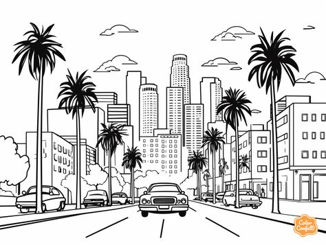 illustration of Discover LA through coloring Iconic Los Angeles, Venice Beach Los Angeles, Mandala Turtle, Sunny Vibes, Los Angeles City, City Drawing, Los Angles, Cool Coloring Pages, Fantasy Fairy