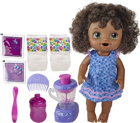 TOY BLENDER REALLY WORKS – Baby’s ready for a treat! Pretend to make her a blueberry shake in a real working toy blender! Add blue doll food and water into blender. Then push down button to mix! SHE LOVES TO EAT AND DRINK – After you mix up a sweet treat for baby, feed her with the included spoon, then give her a few sips of water from her bottle to wash it down. Doll really eats and drinks! Toy Blender, Baby Alive Food, Kids Toys For Boys, Surprise Baby, Baby Alive Dolls, Baby Doll Accessories, Toy Ideas, Doll Food, Popular Toys