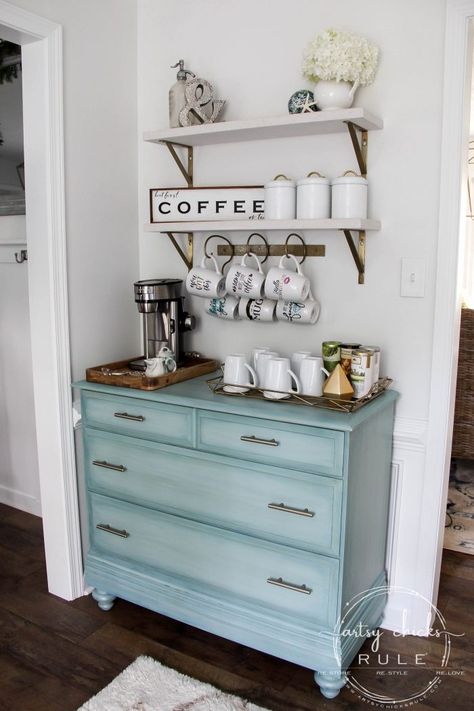 Gorgeous Aqua Dresser with 2 Paint Washes AND Hints of Gold Turned Coffee Bar! artsychicksrule.com #aquadresser #coffeebar #paintedfurniture #furnituremakeover #dresserideas Morning Room Decor, Aqua Dresser, Kaffe Bar, Diy Coffee Station, Coffee Bar Station, Farmhouse Coffee Bar, Diy Coffee Bar, Coffee Bar Design, Home Coffee Stations