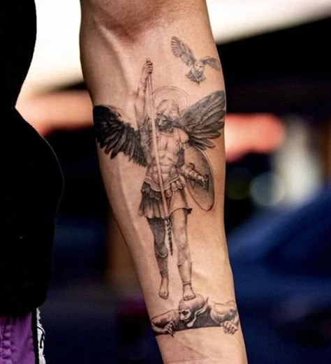 Saint Michael Defeating The Devil forearm tattoo Angel Michael Tattoo, Saint Michael Angel, Archangel Michael Tattoo, Tattoo Designs With Meaning, St Michael Tattoo, Saint Tattoo, Michael Tattoo, Memorial Tattoo Ideas, Designs With Meaning