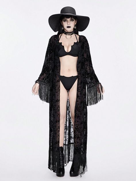 ROMWE Goth Fringe Hem Lace KimonoI discovered amazing products on SHEIN.com, come check them out! Goth Beach Outfit, Goth Fringe, Goth Beach, Beach Goth, Gothic Summer, Summer Goth, 30th Bday, Goth Women, Lace Kimono