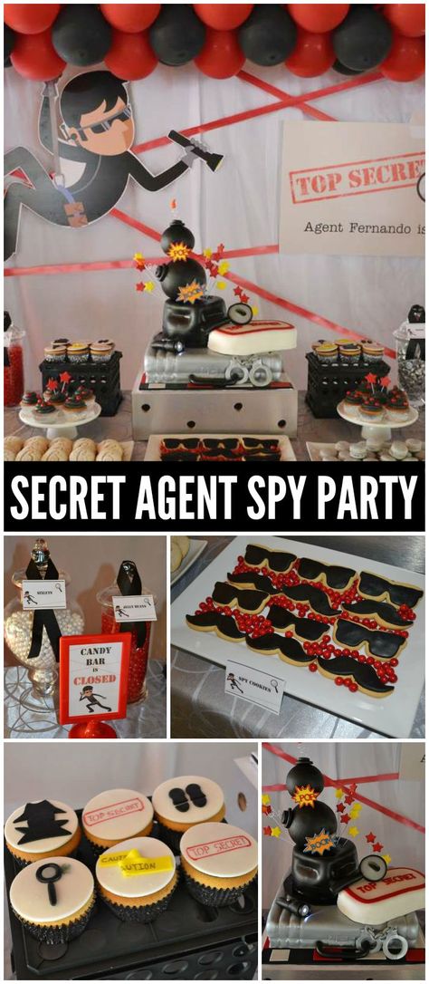 A Secret Agent birthday party for a little boy who wants to by a spy with an awesome backdrop! See more party planning ideas at CatchMyParty.com! Spy Kids Birthday Party Ideas, Secret Agent Party Food, Spy Party Cake, Secret Agent Birthday Cake, Spy Birthday Party Decorations, Spy Cakes For Kids, Secret Agent Cake, Detective Party Food, Spy Birthday Cake