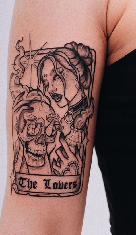 Eternal Lovers Tattoo, Tarot Card Tattoo Thigh, Two Lovers Tattoo, Starcrossed Lovers Tattoo, The Lovers Tarot Tattoo, Lovers Card Tattoo, The Lovers Tattoo Design, Tarot Card Tattoo Design, The Lovers Tarot Card Tattoo