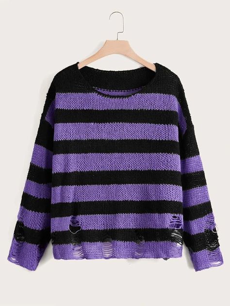 Ripped Sweater, Stripes Sweater, Gothic Tops, Distressed Sweaters, Alternative Style, Loose Pullover, Estilo Punk, Long Sweater, Purple Sweater