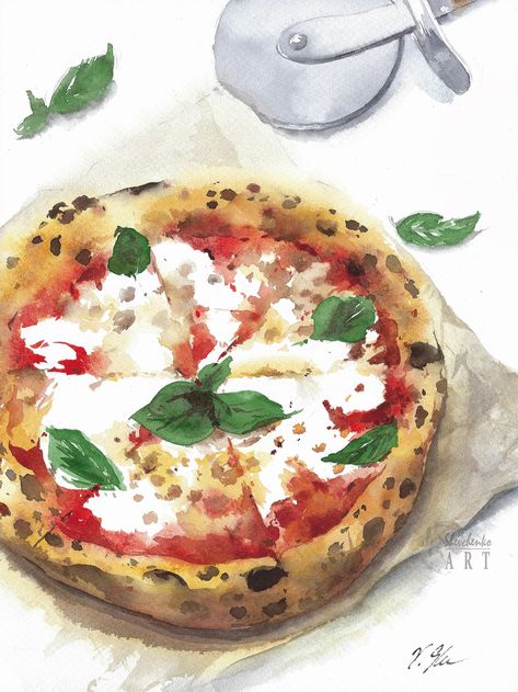 Original watercolor artwork of pizza Margherita was painted and signed by me, watercolor artist, ©Yulia Shevchenko. Size is 9 by 12 by 1/2 inches(~23x30cm). High quality acid free 100% cotton Fabriano artistico extra white cold pressed 140lb paper. Unframed. Will be shipped securely bubble wrapped, placed between two cardboards in a sturdy box . The package is insured. If you have received damaged package please contact me and provide pictures of damaged painting. We will find a solution that su Pizza Drawing, Food Art Painting, Kitchen Decor Wall, Pizza Art, Pizza Margherita, Food Sketch, Banana Art, Kitchen Decor Wall Art, Watercolor Food