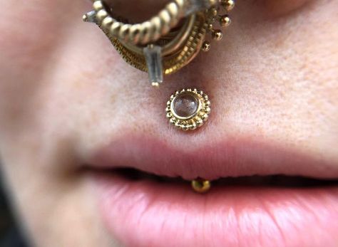 Jestrum Piercing Jewelry, Septum Piercing Jewelry Freshtrends Fine Body Jewelry, Gold Facial Piercings, Punk Gold Pierced Jewelry, Gold Piercings Aesthetic Face, Gold Face Jewellery Piercing, Jestrum Piercing, Philtrum Piercing, Piercing Inspiration