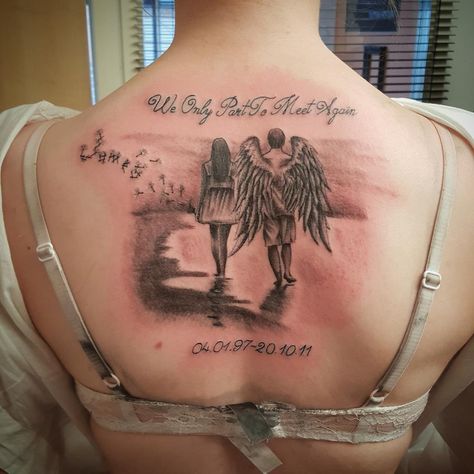 Losing A Brother Tattoo, Going To Heaven Tattoo, Heaven Tattoos Women, Unique Memorial Tattoos For Brother, Sister Angel Tattoo, Tattoos For Women Memorial, Son Memorial Tattoo For Mom, In Loving Memory Tattoos Husband, In Loving Memory Tattoos For Son